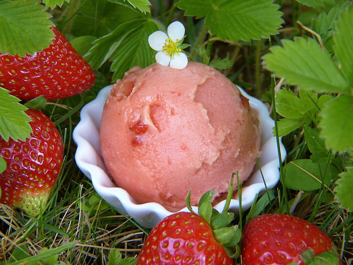strawberry ice cream, strawberries, ice cream, nature, garden, out, leaves