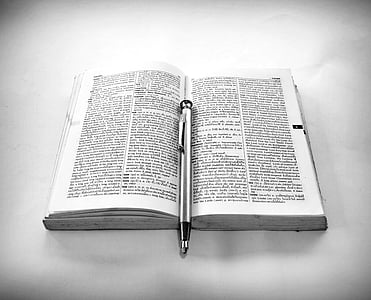ballpen, bible, black-and-white, book, holy, literature, page