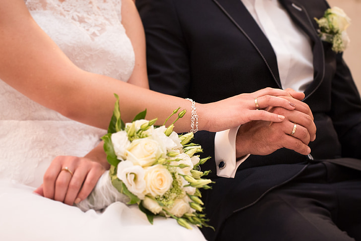svadba, snubné prstene, prísaha, mladý pár, nevesta, ženatý, láska