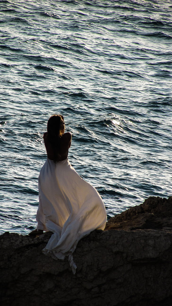 woman, sunset, sea, rock, sun, summer, romantic