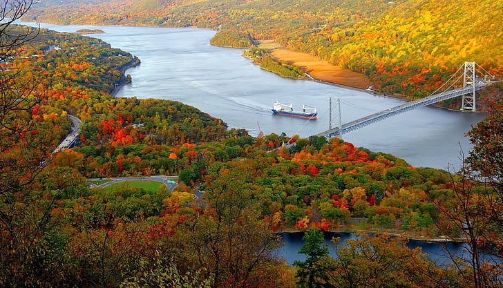 Rio, barco, ponte, Outono, cores de outono, nave, natureza