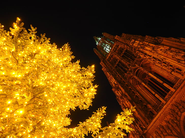Noel, Noel ışıkları, Münster, Ulm Katedrali, Kilise, çan kulesi, aydınlatma