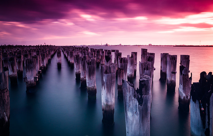Princes pier, Melbourne, Port melbourne, stolpar, solnedgång, Sky, moln