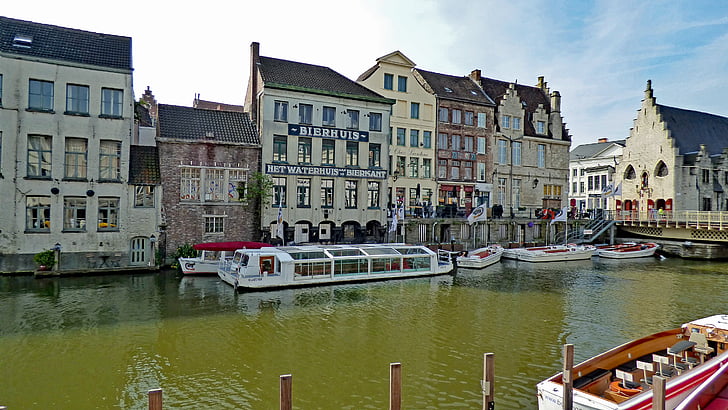 Gent, Belgium, város, építészet, történelmi, csatorna, örökség
