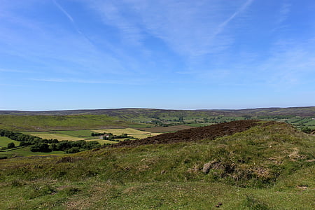 brughiere dello Yorkshire, Inghilterra, paesaggio, cielo blu, Yorkshire, Regno Unito, natura