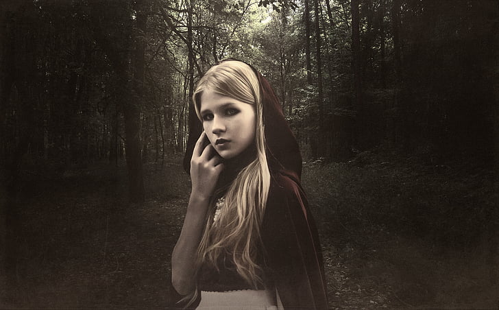 raudona jojimo hood, mergaitė, miško, Šviesūs, sena nuotrauka, šviesą