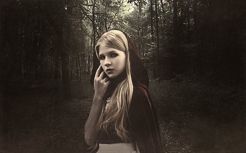 red riding hood, girl, forest, blonde, an old photo, retro
