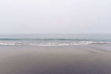 plage, brumeux, horizon, océan, sable, mer, paysage marin