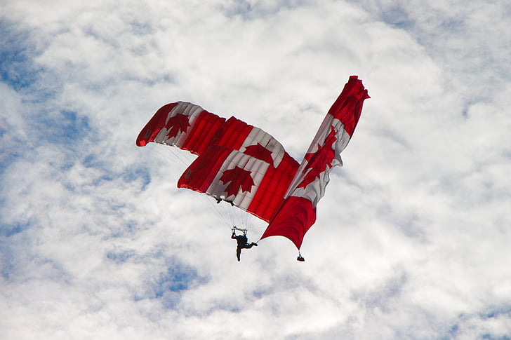 skydivers, canadian, team, flag, trio, stacked, three