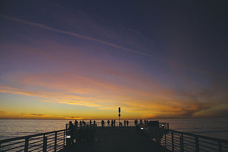 solnedgång, Visa, nära, brudge, Ocean, havet, Pier