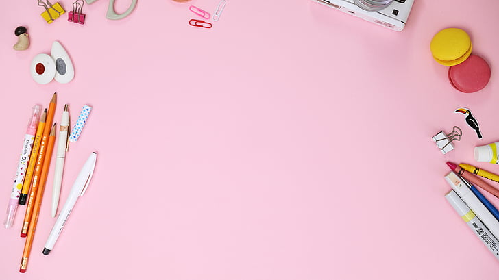 pink, macaroon, colored pencil, camera, clip, the phrase, desk
