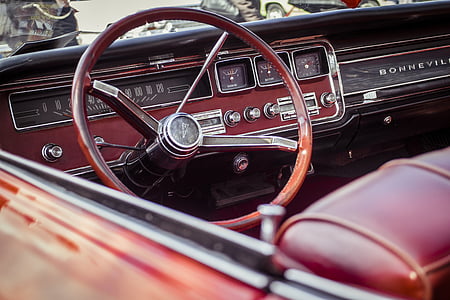 brown, steering, wheel, car, steering wheel, classic car, red