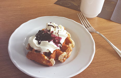 borůvkovým žahourem, snídaně, Dánský vafle, jídlo, želé, ráno, deska