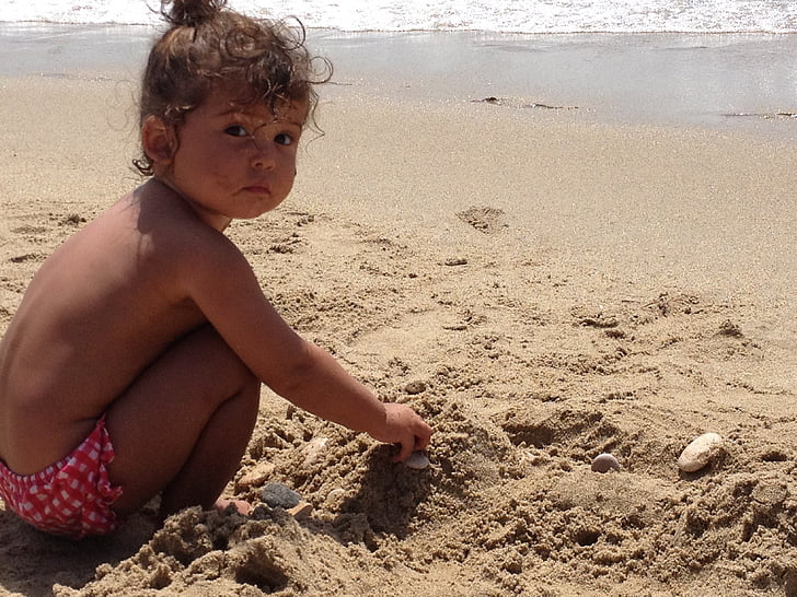 Flicka, barn, spädbarn, Kid, spela, havet, Sand