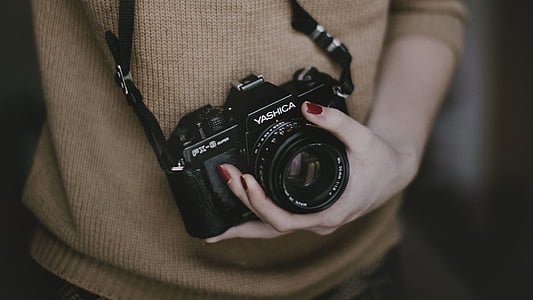 fotocamera, DSLR, mano, lente, persona, fotografo, fotografia