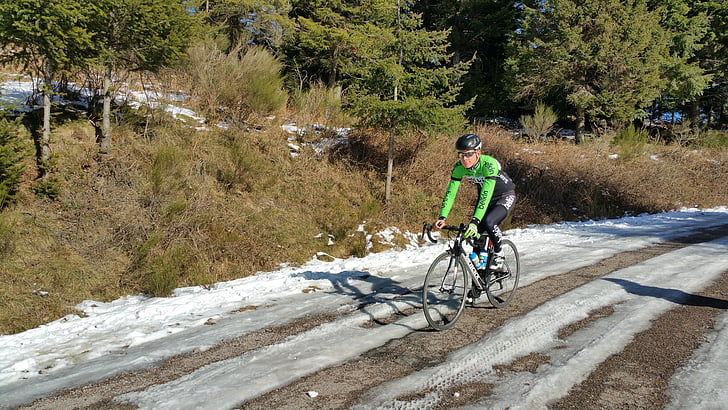 cyclist, cycling, snow, landscape, winter, trees, ice