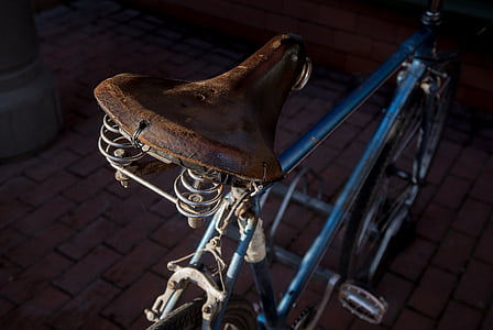 bicycle, saddle, leather, worn out, blue, frame, metal