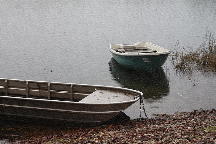 дъжд, езерото, лодки, капково, вода, вълна, банка