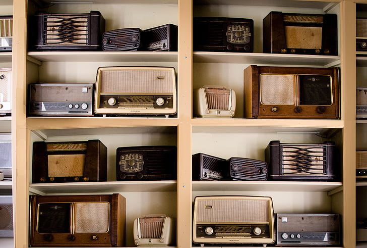 assorted, vintage, radio, beige, wooden, tiered, shelf