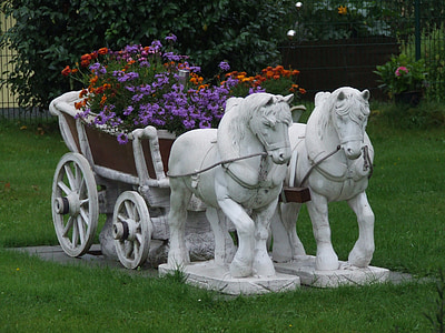 front yard, flowers, coach, horses, kitsch, romance, color