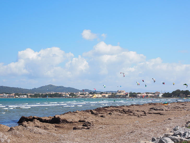 kitesurfare, idrott, havet, vind, vatten, bukten Pollensa, Formentor