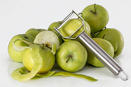 apple, peeler, fruit, green, healthy, fresh, diet
