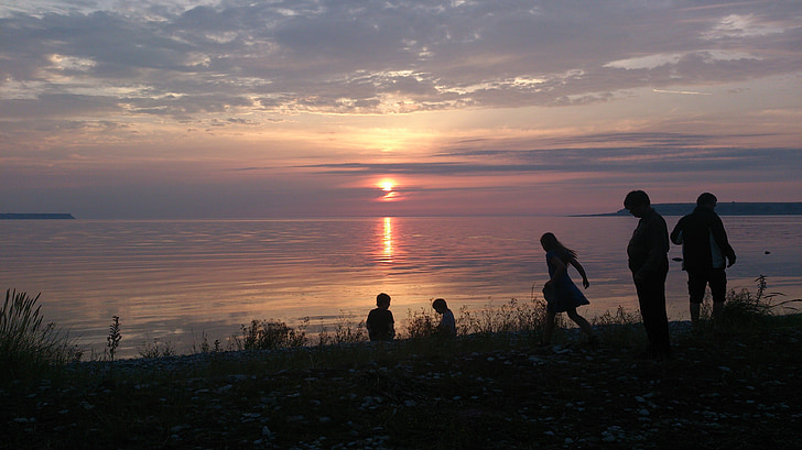 západ slnka, Gotland, Beach, more, Twilight, ľudia