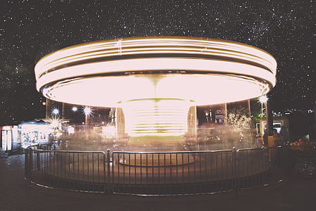 lighted, carousel, night, vintage, round, parking, amusement park