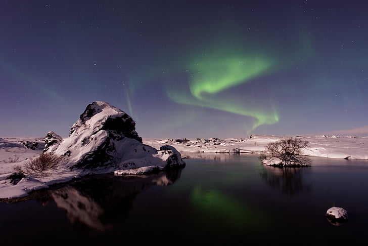 Aurora borealis, студено, зората, вечерта, езеро, пейзаж, светлина