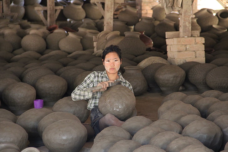 Poteris, garsas, puodžiaus rato, tonkunst, keramikos dirbtuvės, keramika, Mianmaras