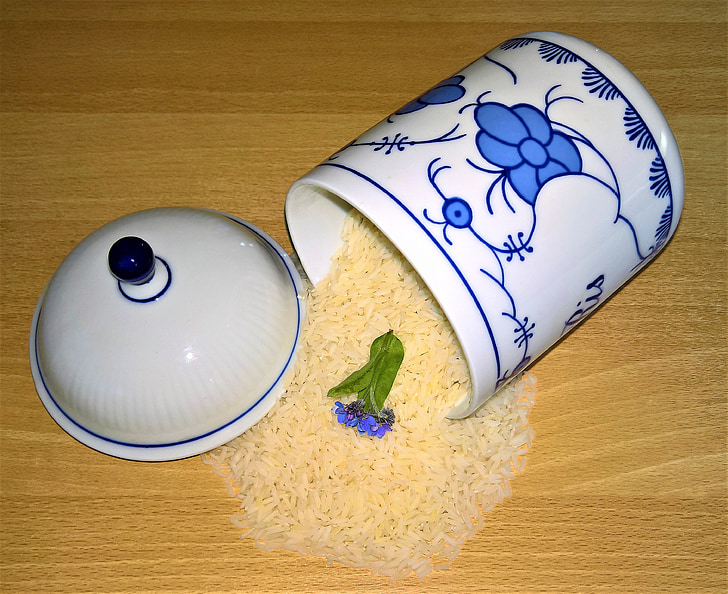 orez, orez Jasmine, boabele de orez, cutie, portelan, alb albastru, produs natural