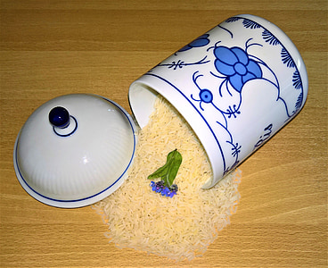 rice, jasmine rice, rice grains, box, porcelain, white blue, natural product