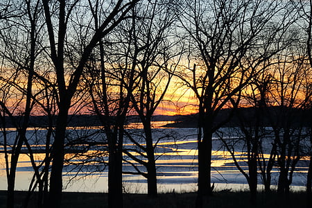 Sunset, puu, talvel, Lake, loodus, siluett