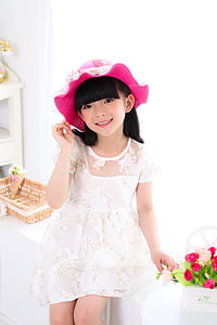 enfant, jeunes filles, Portrait, photo, robe blanche, chapeau, enchère