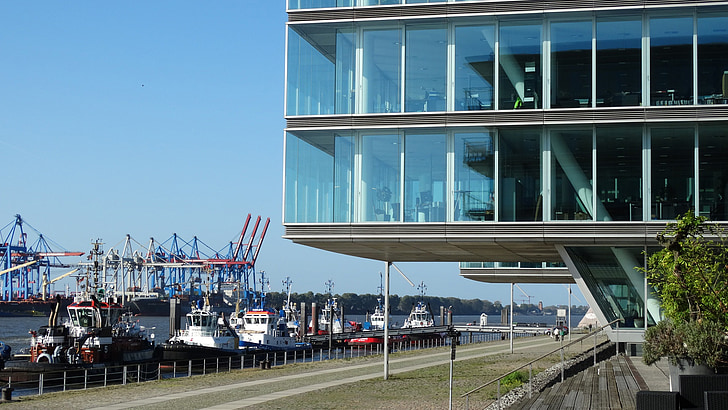 Portuària, casa, moderna, l'aigua, vaixells, embarcacions, Hamburgo