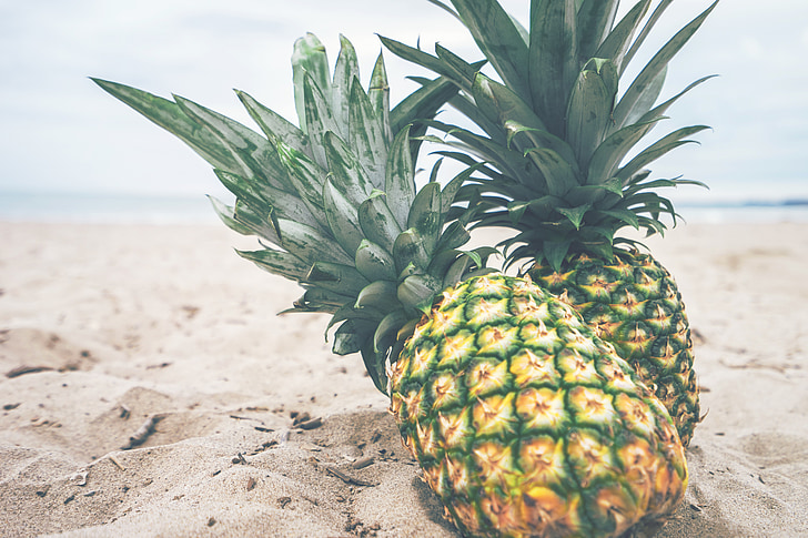 pineapples, fruit, beach, sand, tropical, island, exotic