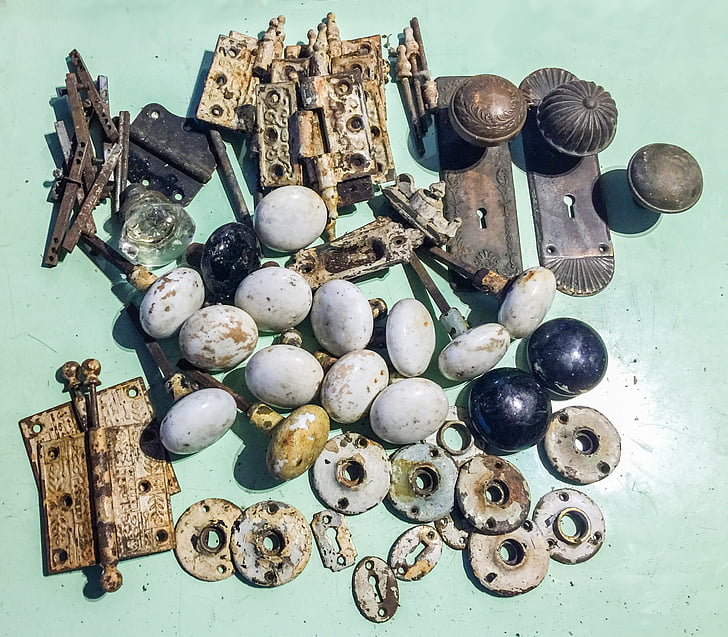 antique, matériel, quincaillerie architecturale, en laiton, fer, bouton, charnière