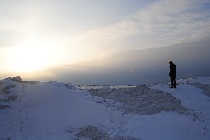 lumi, talvel, jalajäljed, inimesed, Sunset, taevas