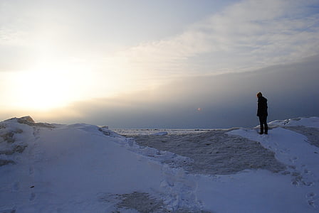 lumi, talvi, jalanjäljet, ihmiset, Sunset, taivas
