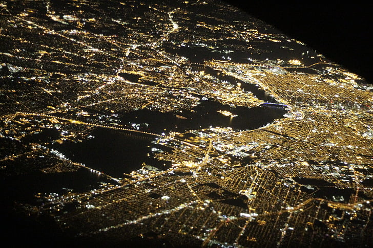 Nova Iorque, voo, à noite, Marco, transporte, avião, drone
