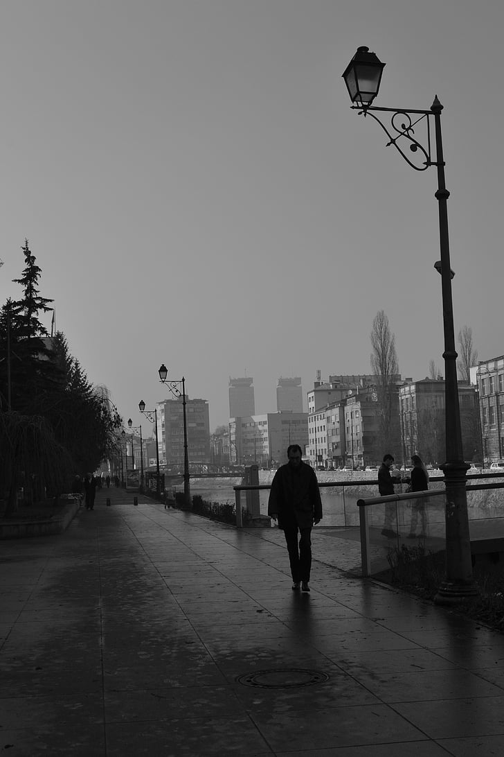 sort, sort og hvid, Street, Sarajevo, City, Bosnien-Hercegovina, december