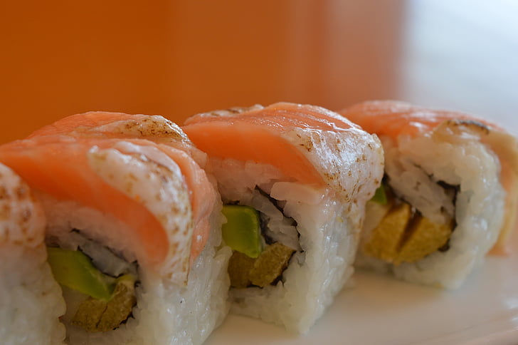 sushi, salmon, seafood, fish, japanese, food, meal
