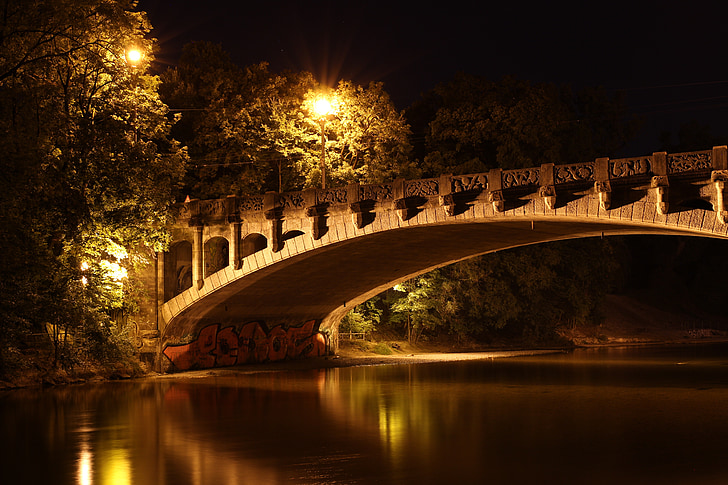 Bridge, Maximilian bridge, München, natt, belysning, Isar