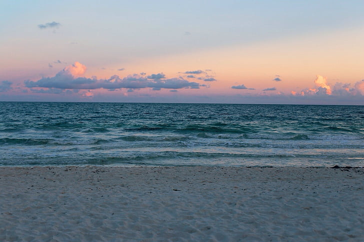 panoramiczne, Zdjęcie, Ocean, pomarańczowy, niebo, zachód słońca, Plaża