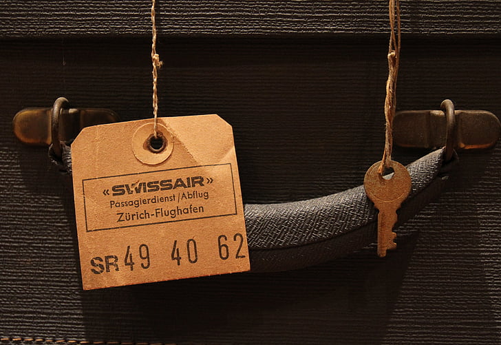 poggyász tag, kulcs, régi, Vintage, retro, bőrönd, címke