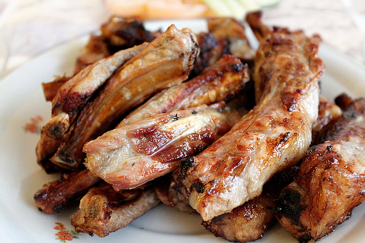 pork ribs, bbq ribs, the ribs on the fire, shish kebab, fried meat, picnic, meat