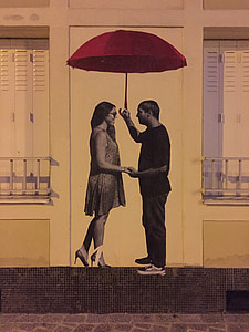 parapluie, couple, gens, balise, rue, mur