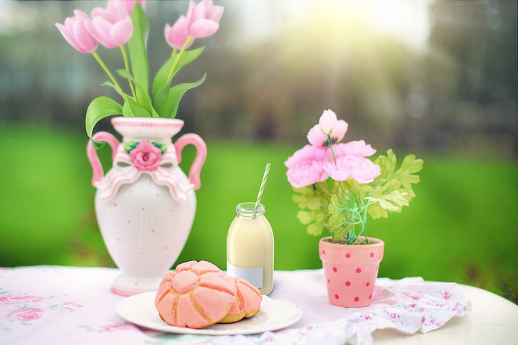snack, pastry, milk, flowers, pink, spring, outdoor snack