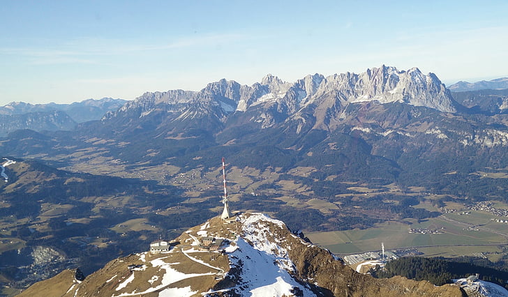 Kitzbüheler horn, montanhas de Kaiser, wilderkaiser, Áustria, Vista aérea, montanha, neve