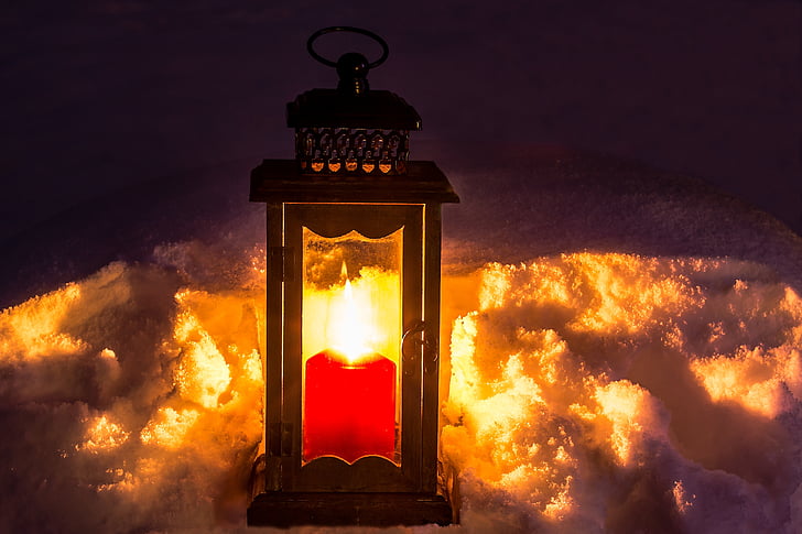 lantern, candle, light, mood, candlelight, snow, winter
